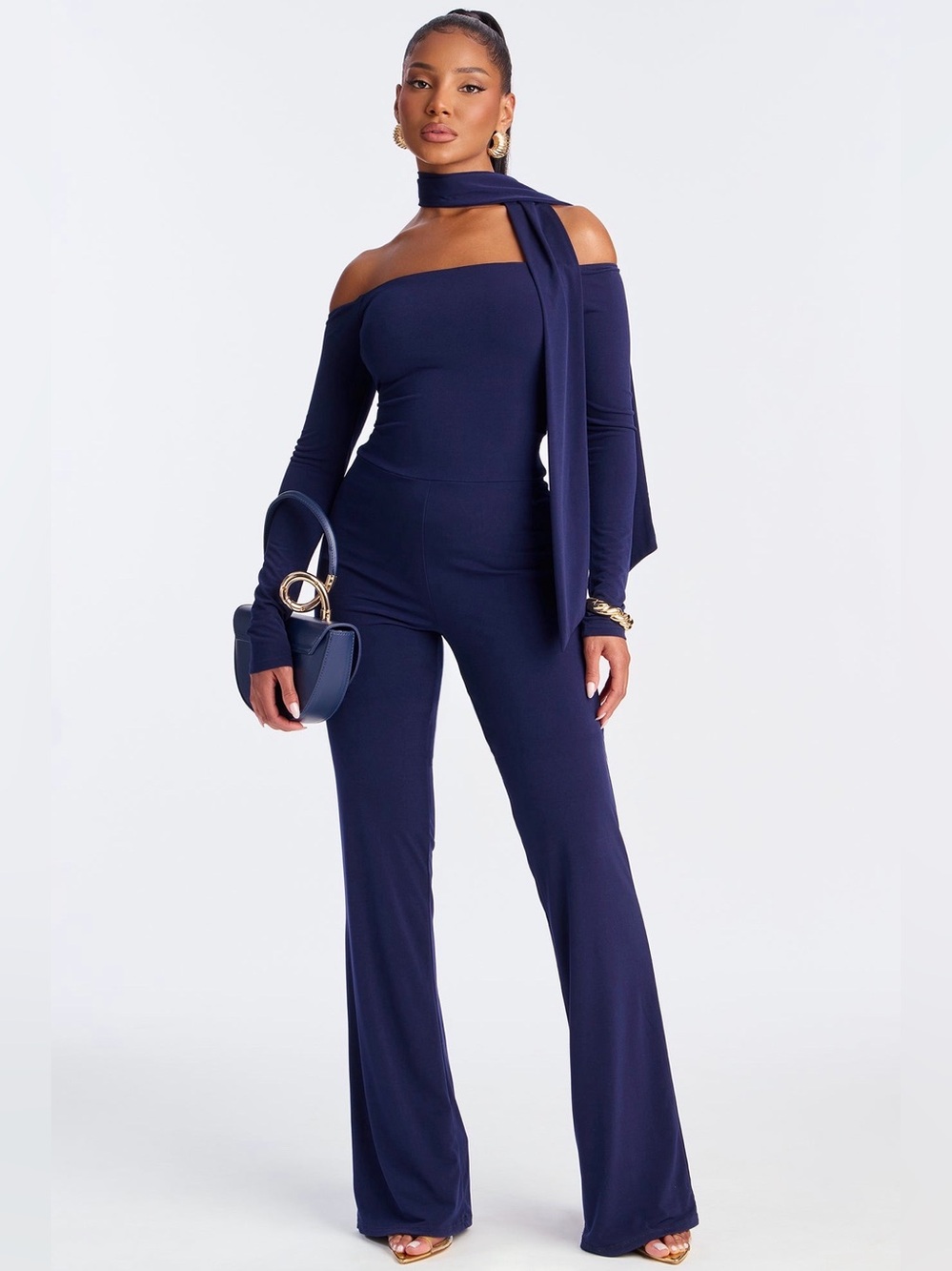 Fashion Nova Navy Off-Shoulder Wide-Leg Jumpsuit with Scarf Detail